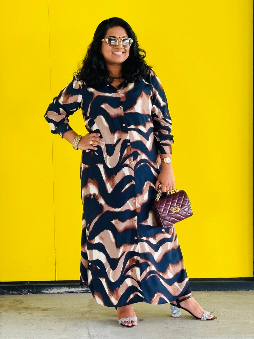 abstract shirt dress Venice Abstract Print Charmeuse Belted Maxi Shirt Dress - Venice Abstract