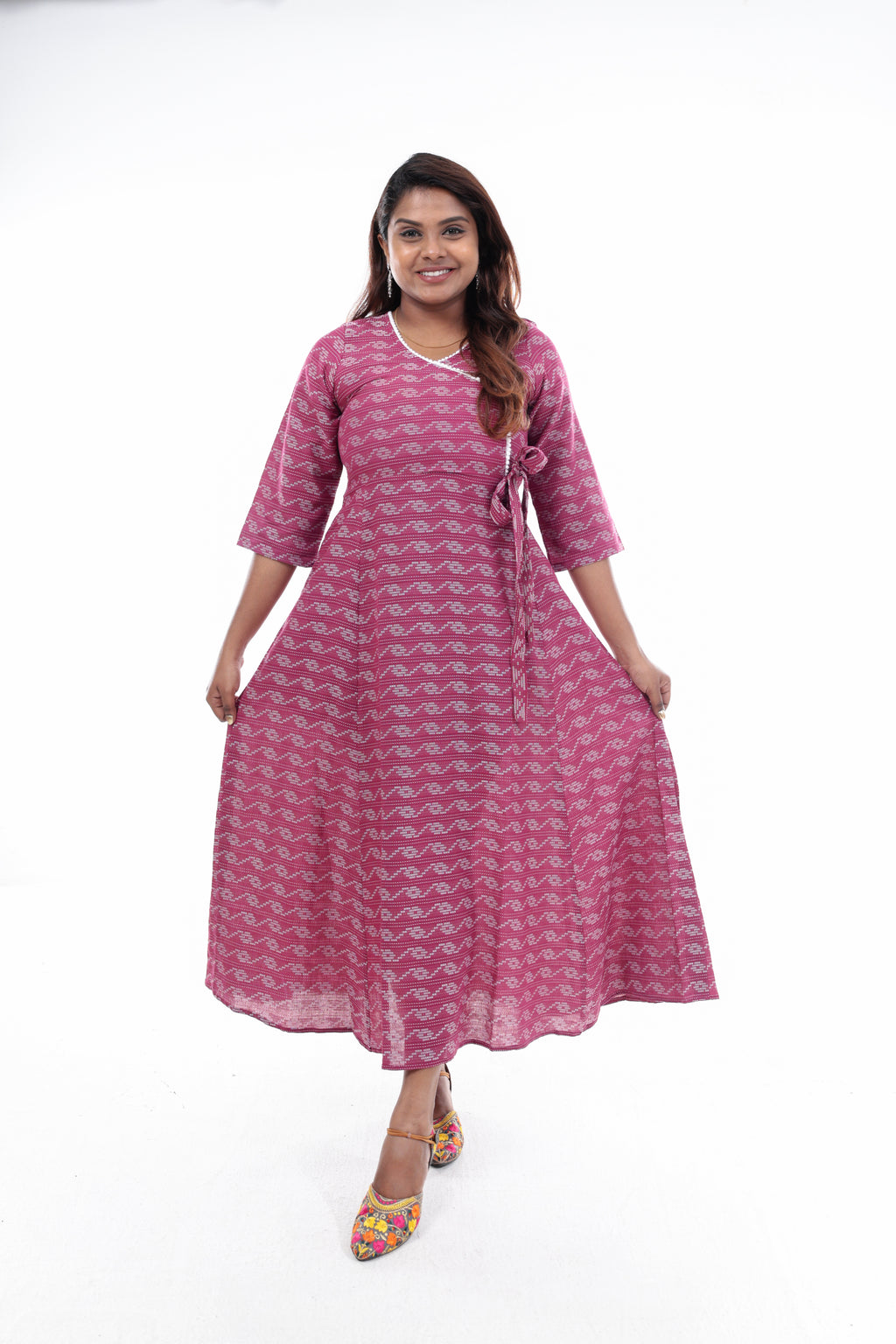 Pink Wave Pattern Wrap Maxi Dress