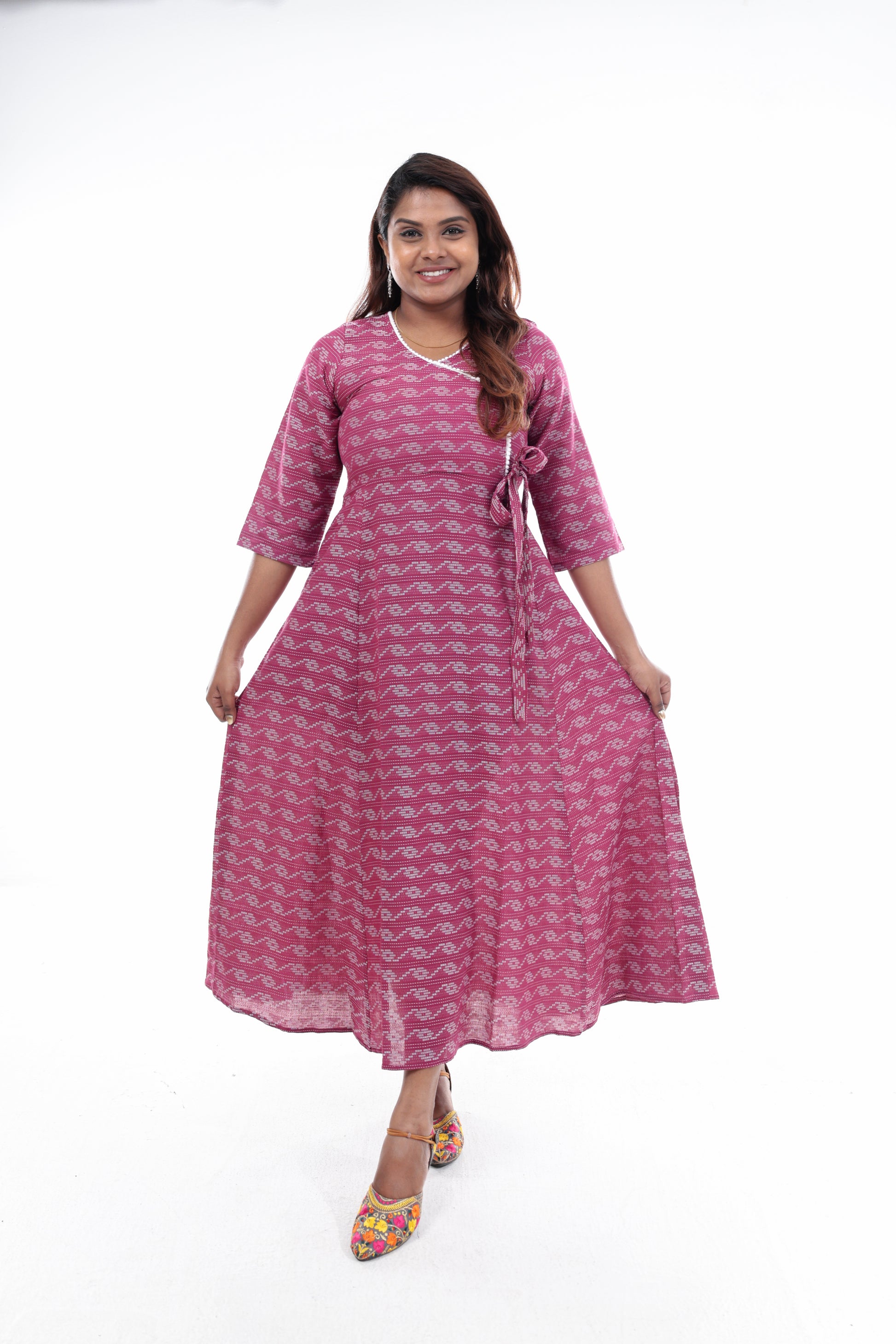 Pink Wave Pattern Wrap Maxi Dress