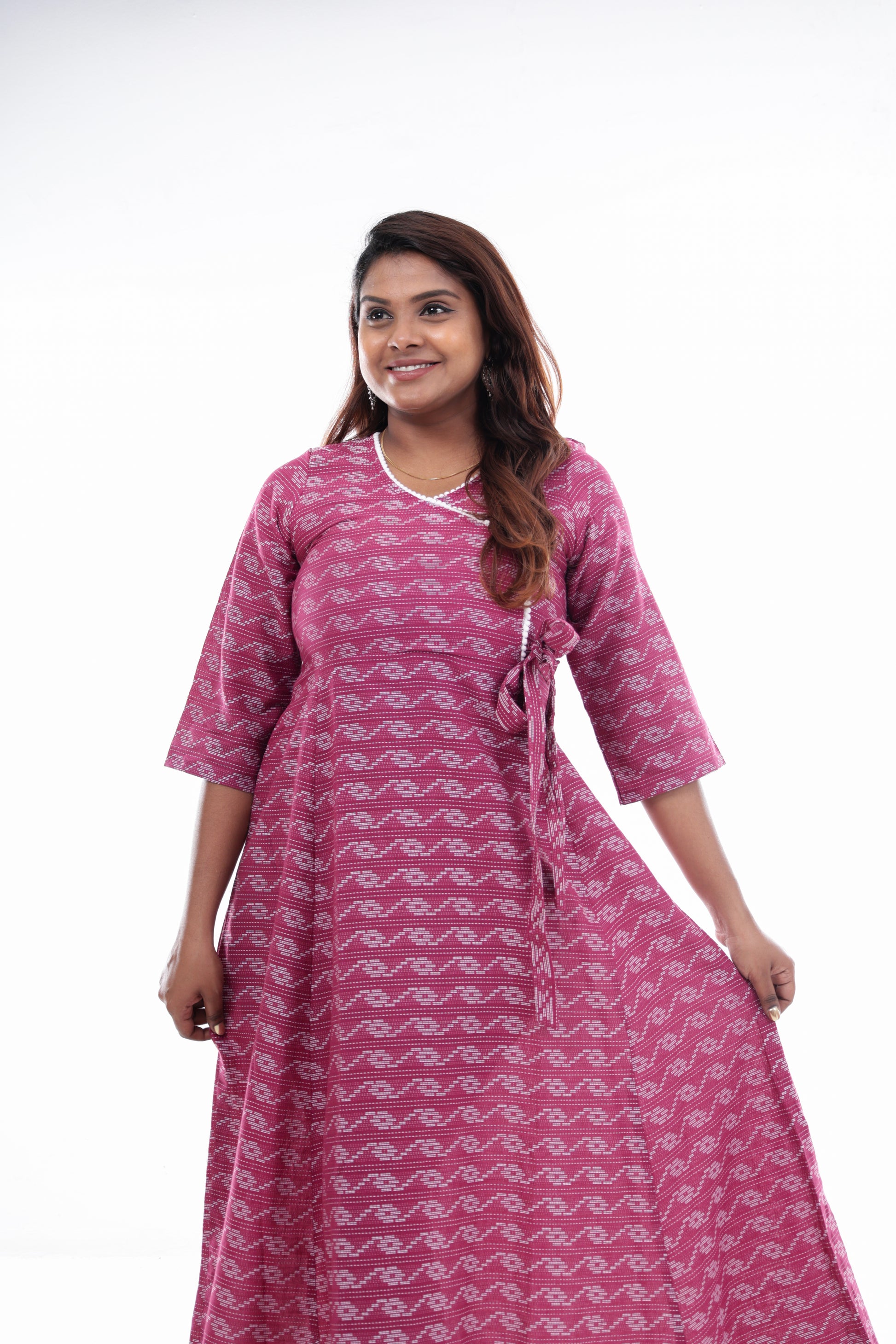 Pink Wave Pattern Wrap Maxi Dress