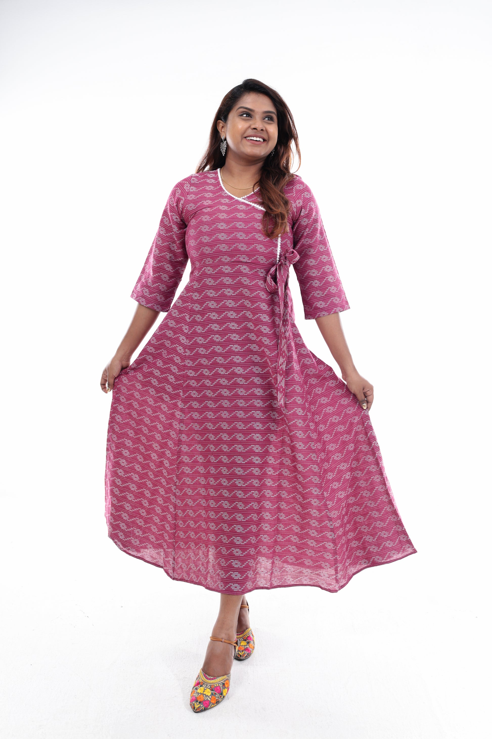 Pink Wave Pattern Wrap Maxi Dress
