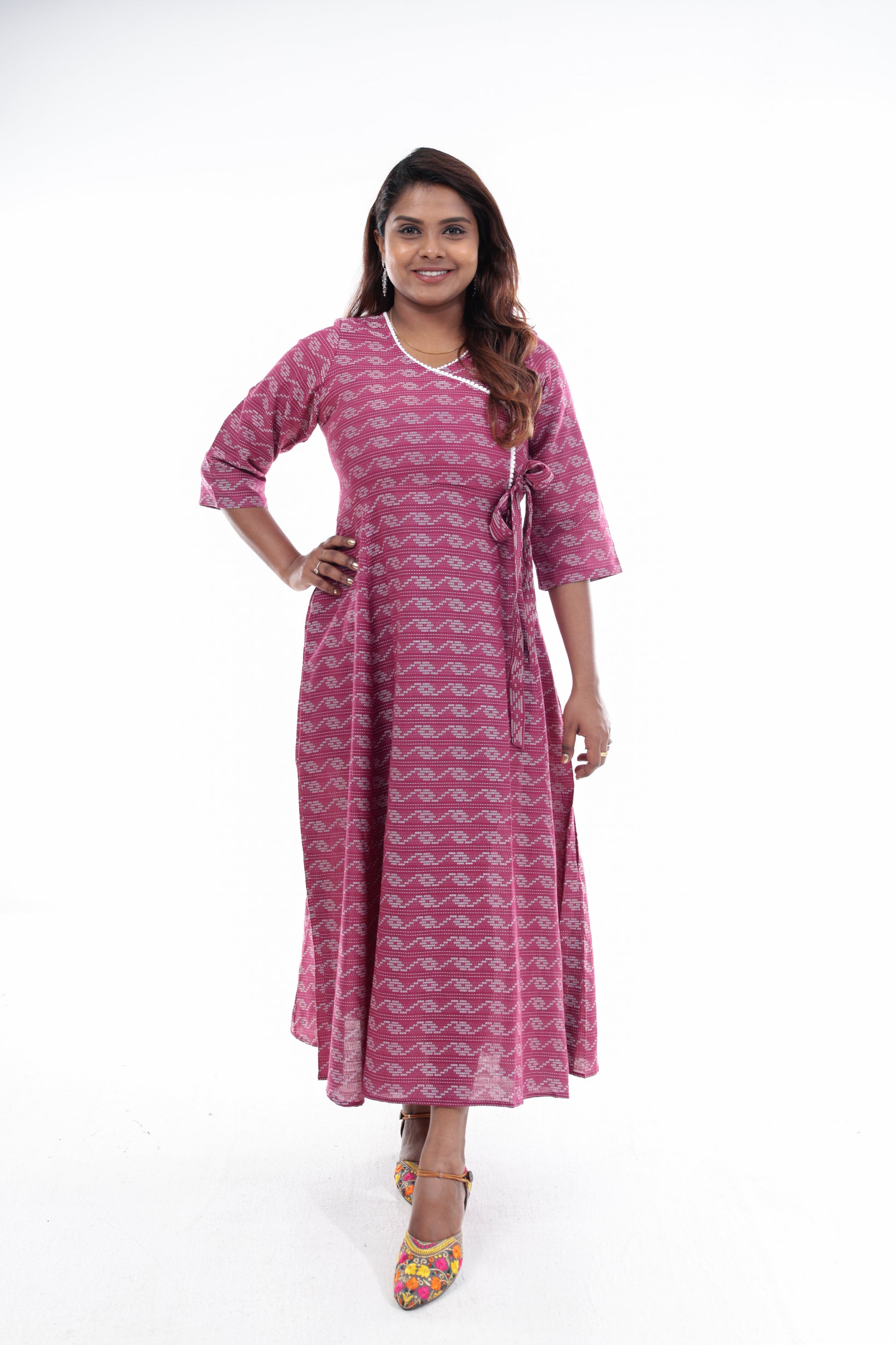 Pink Wave Pattern Wrap Maxi Dress