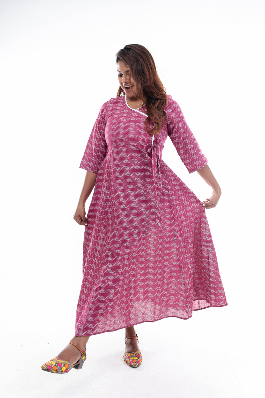 Pink Wave Pattern Wrap Maxi Dress