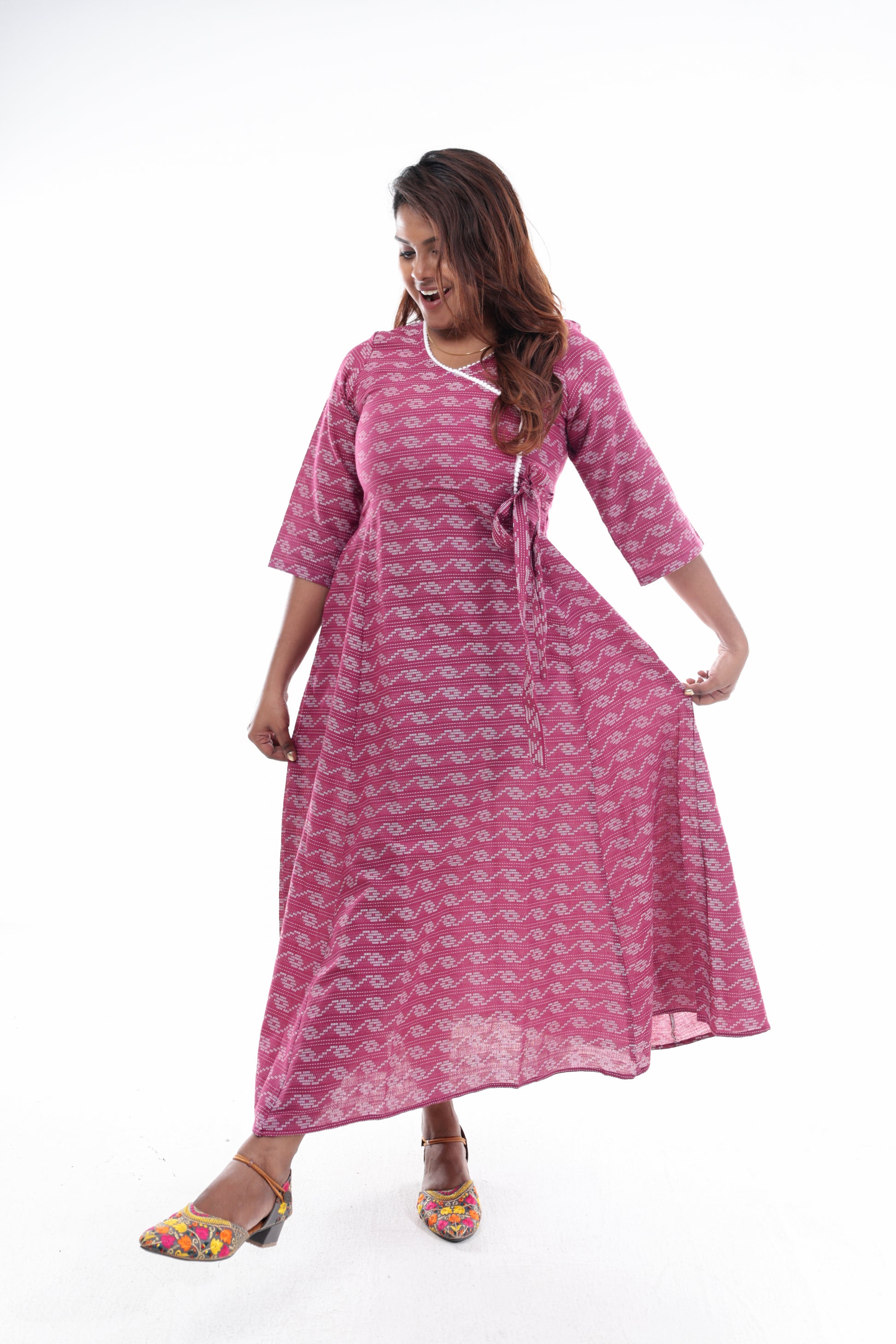 Pink Wave Pattern Wrap Maxi Dress