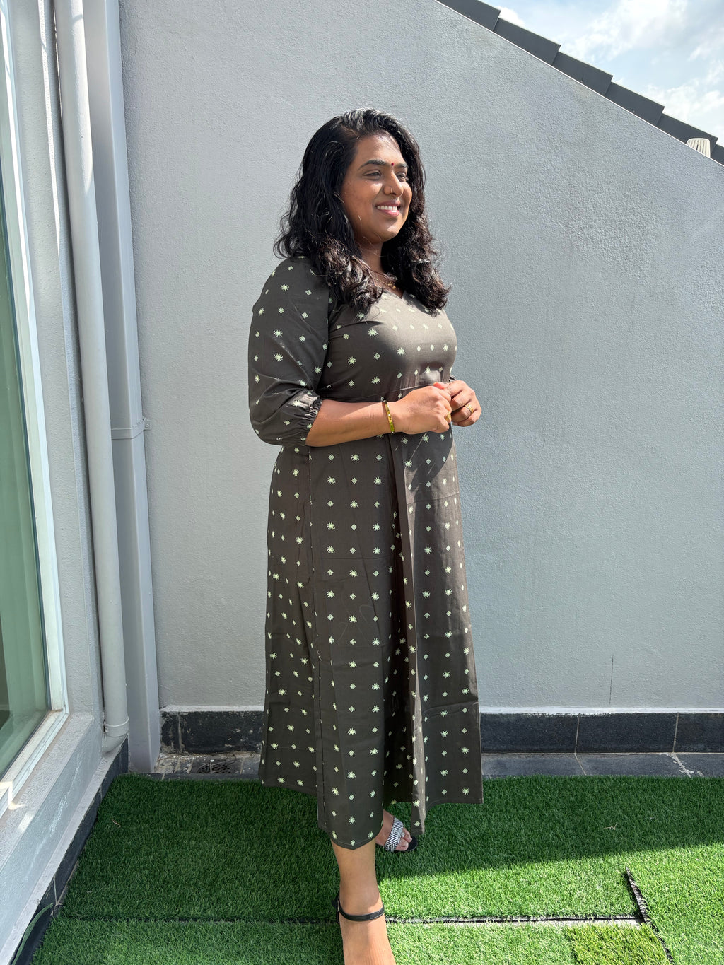 Dusty Olive Green Everyday Heritage Midi Quarter Dress | Relaxed Fit | M–5XL Malaysia