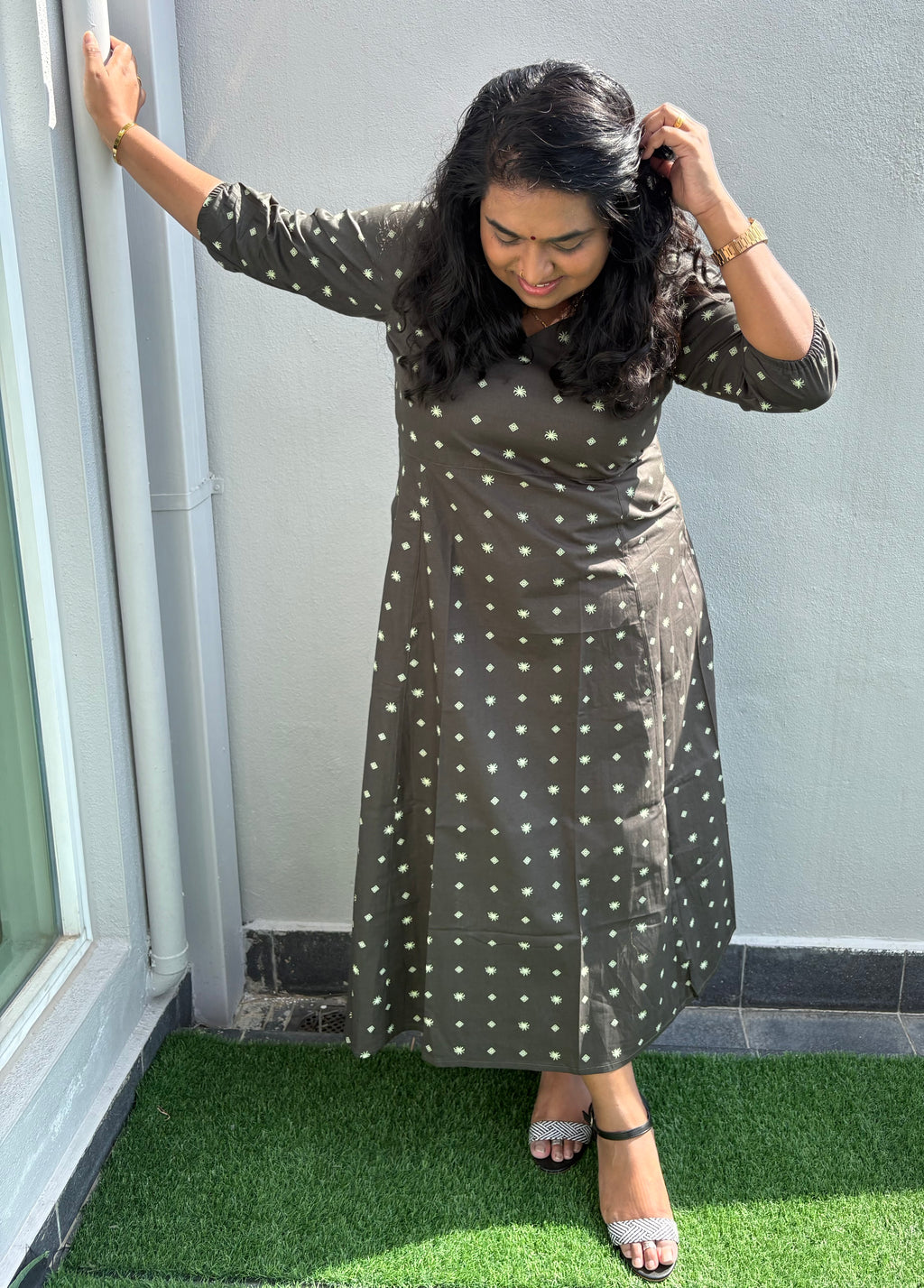 Dusty Olive Green Everyday Heritage Midi Quarter Dress | Relaxed Fit | M–5XL Malaysia