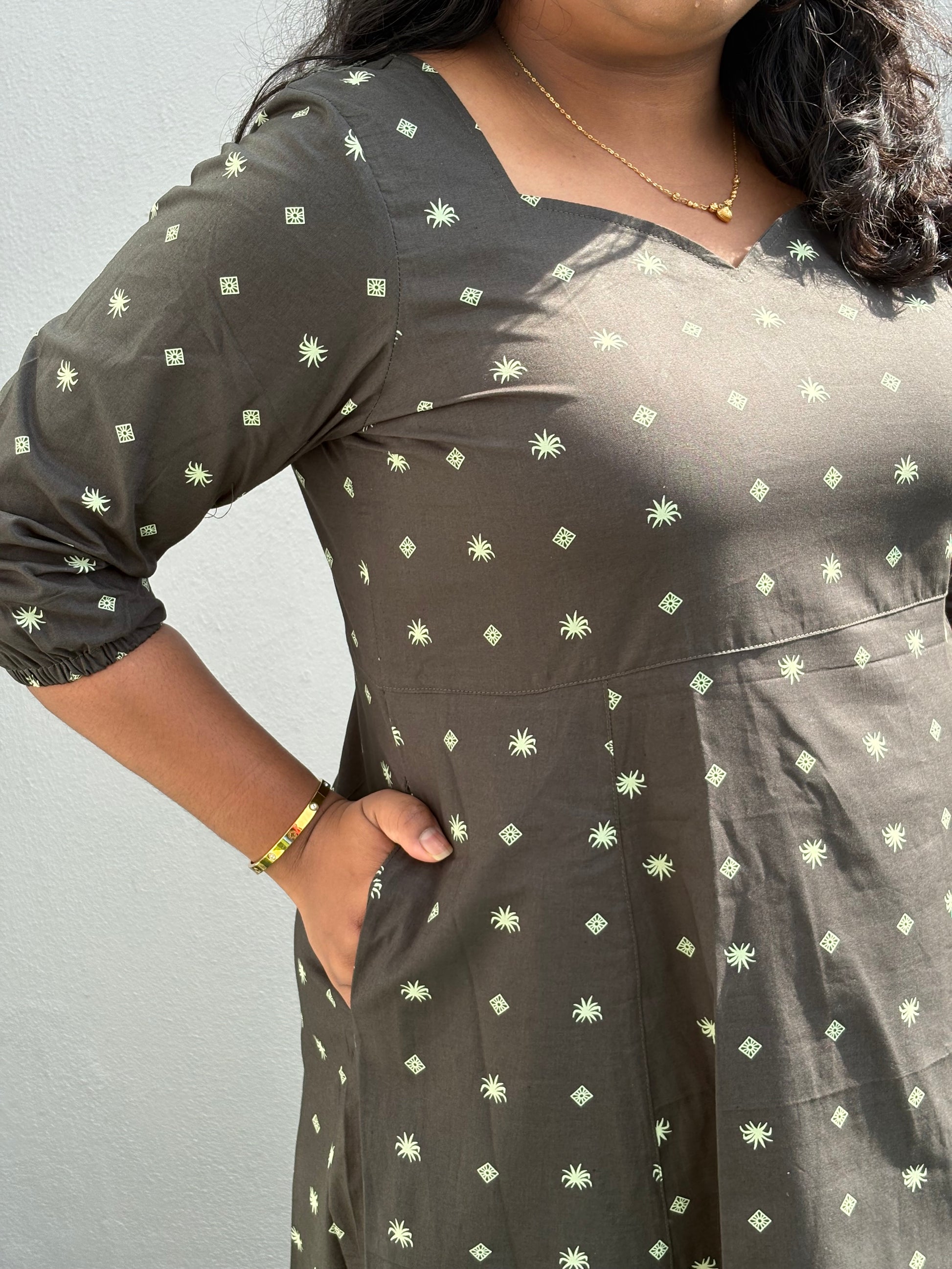 Dusty Olive Green Everyday Heritage Midi Quarter Dress | Relaxed Fit | M–5XL Malaysia