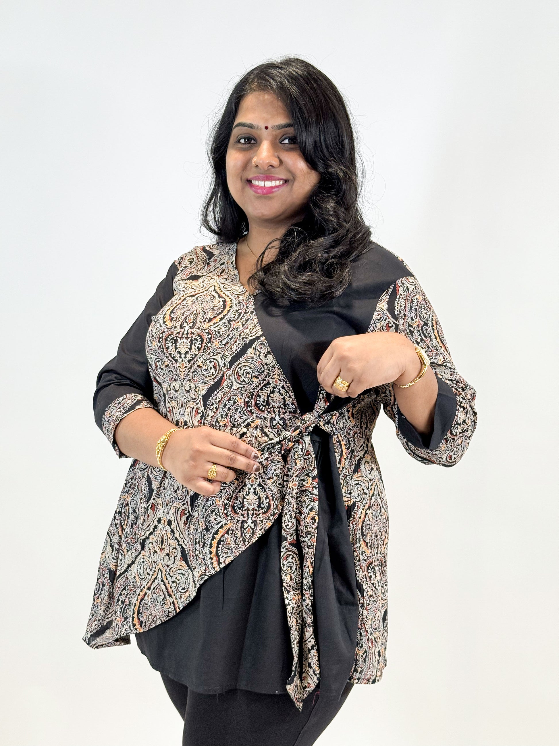 Floral Wrap Top with Black Accents