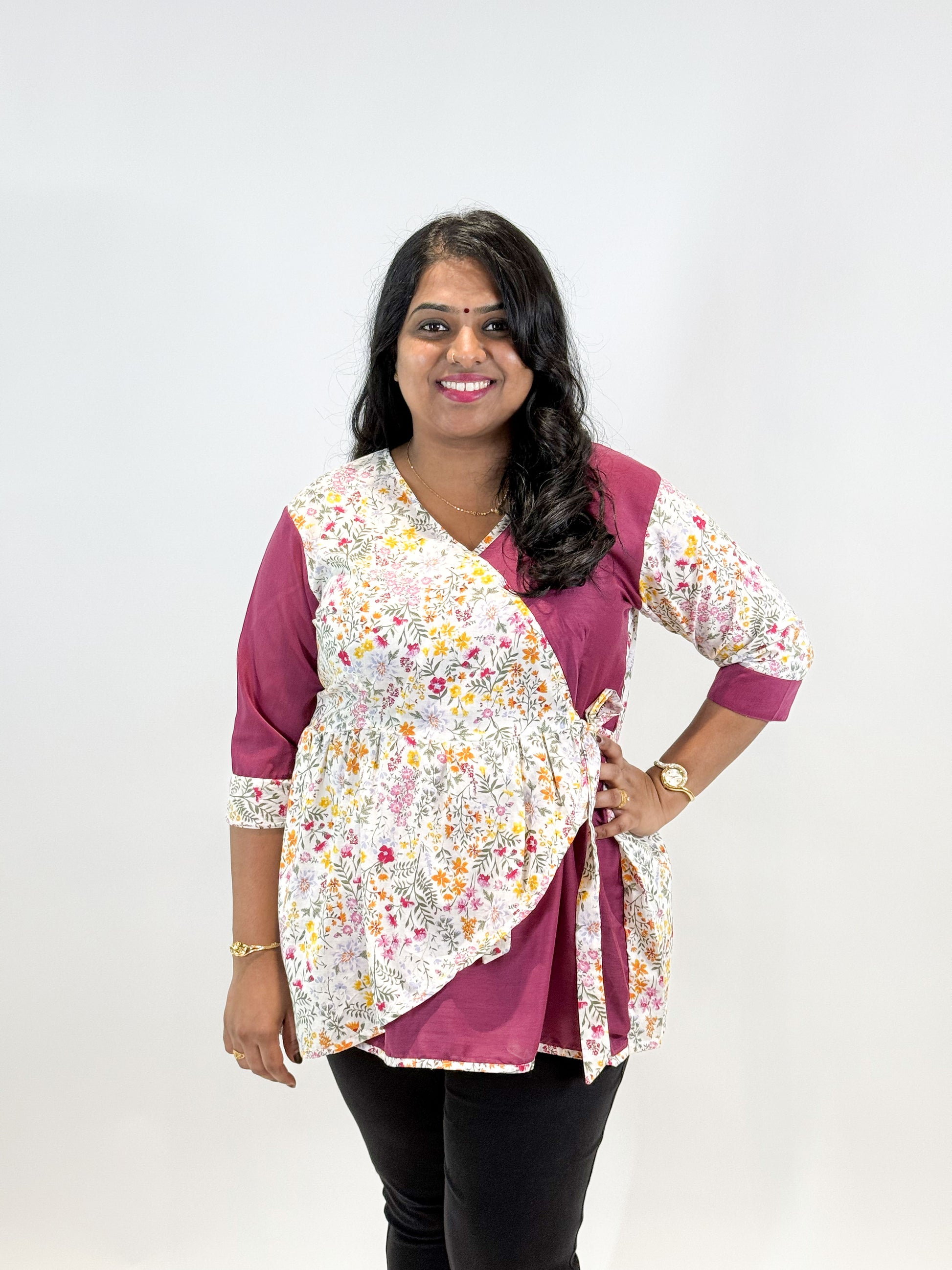 Floral Wrap Top with Burgundy Accents