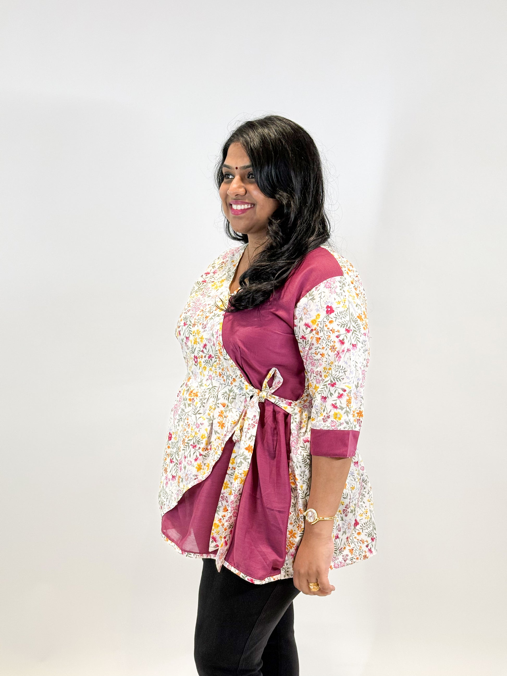 Floral Wrap Top with Burgundy Accents