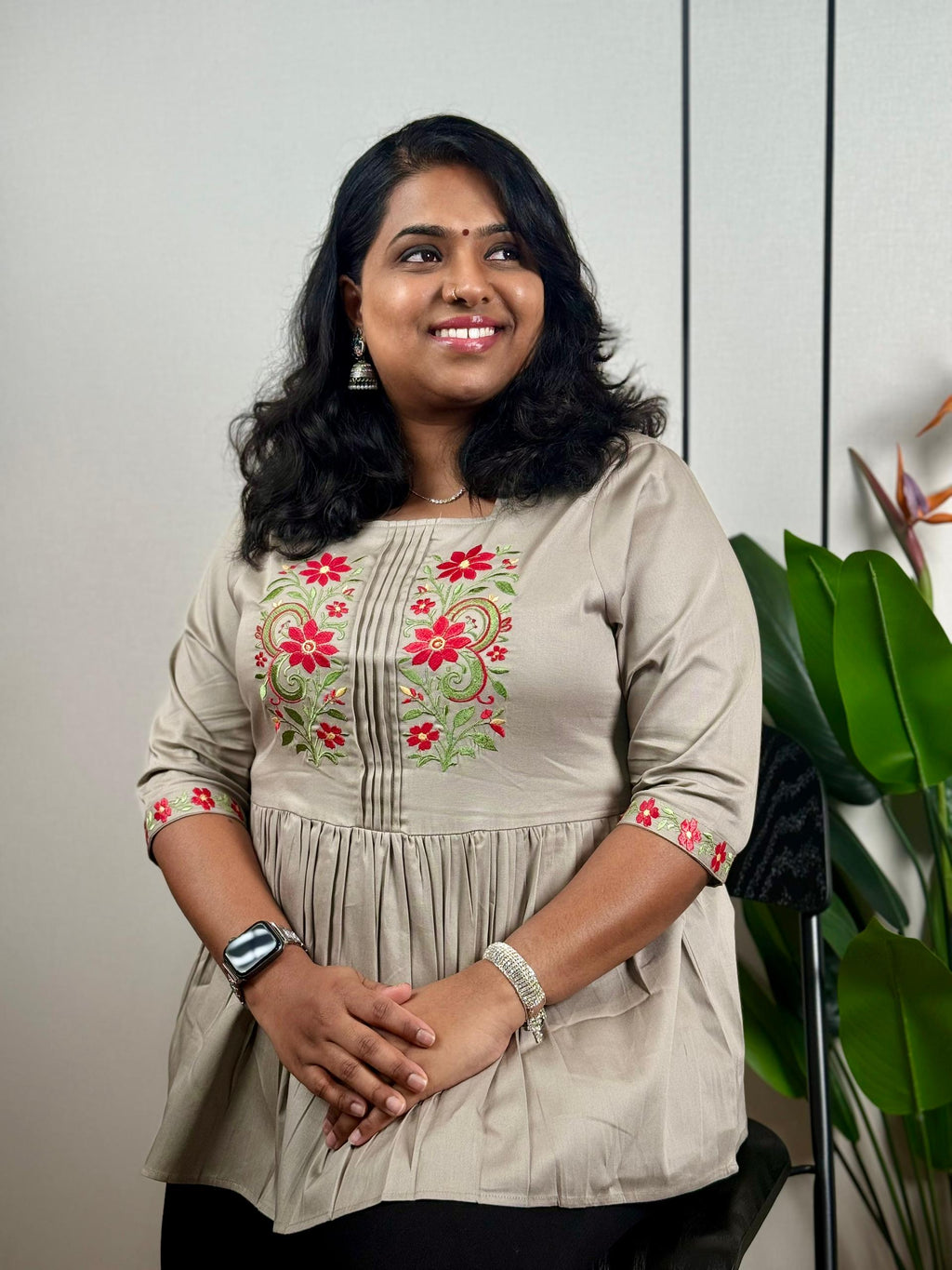 Beige Floral Vine Kurti