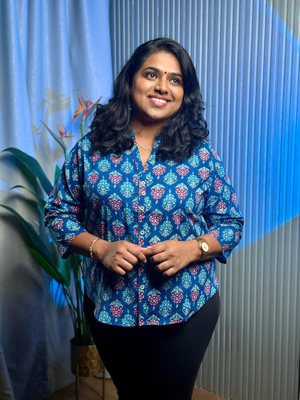 Indigo Bloom Cotton Shirt