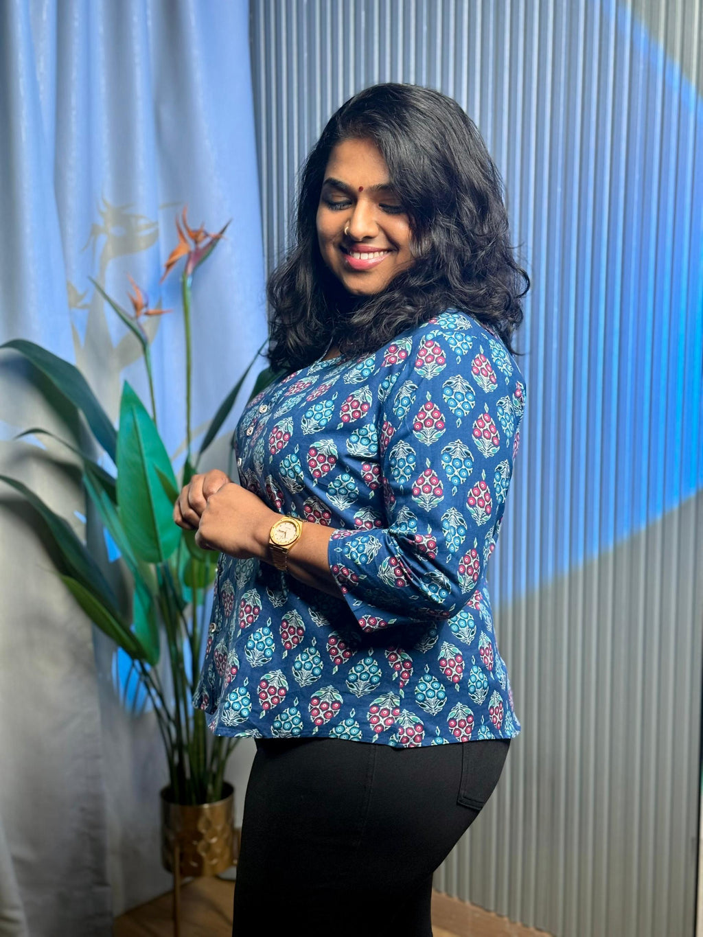 Indigo Bloom Cotton Shirt