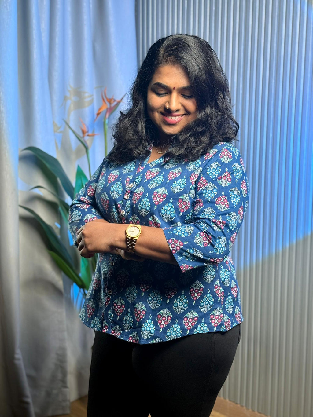 Indigo Bloom Cotton Shirt