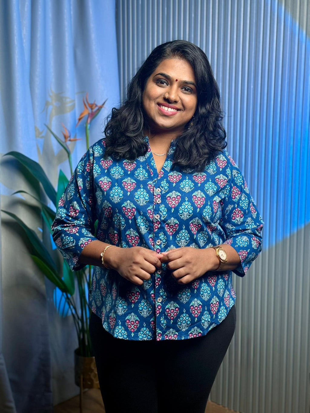 Indigo Bloom Cotton Shirt