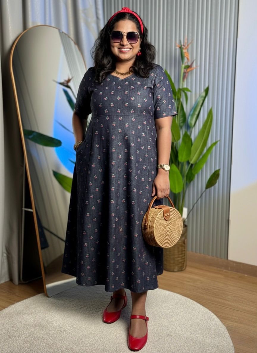 Denim Cherry Bloom Dress