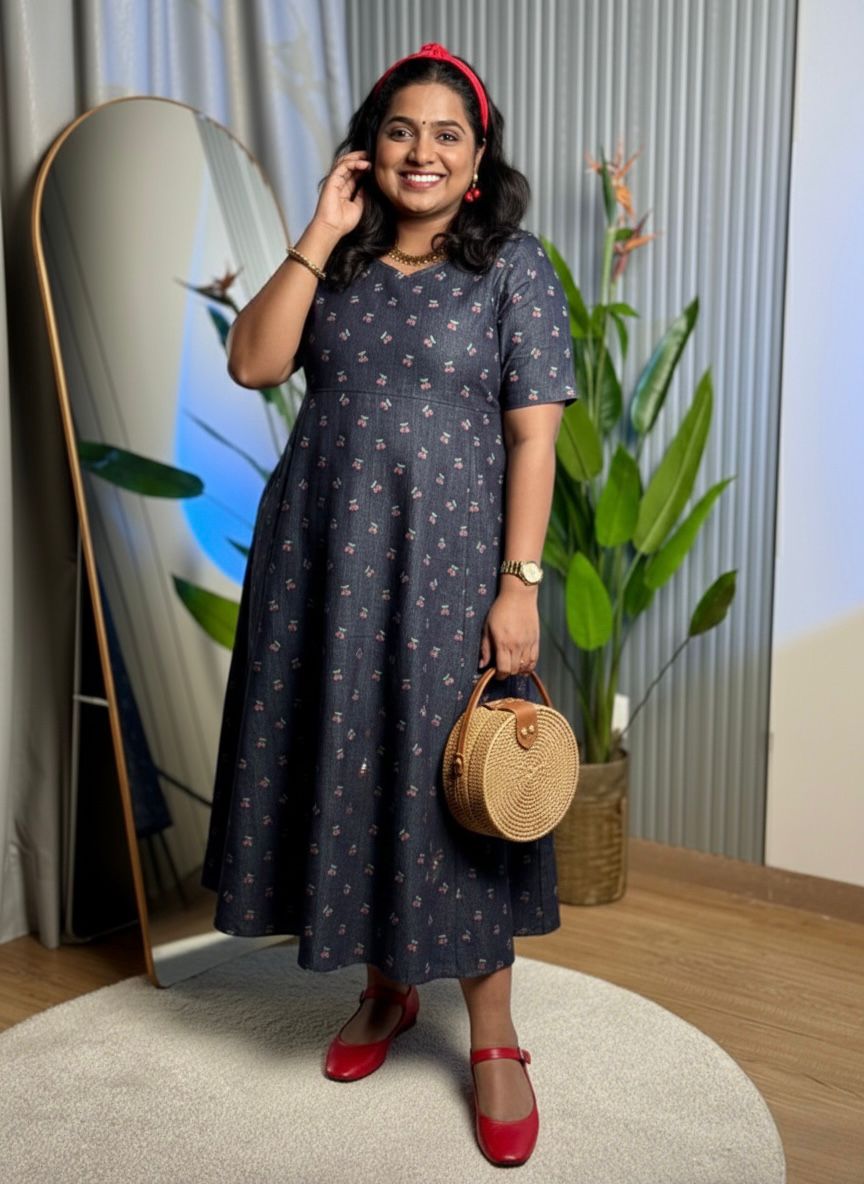 Denim Cherry Bloom Dress