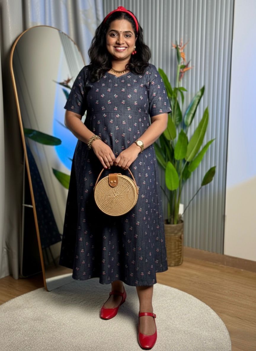 Denim Cherry Bloom Dress