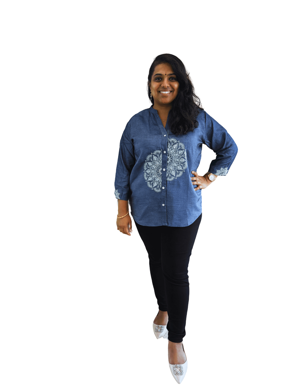 Denim Shirt with Mandala Embroidery